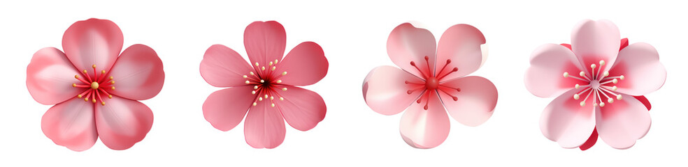 Sakura flower 3d illustrations set. Cherry blossom flowers 3d clipart, decorative elements collection