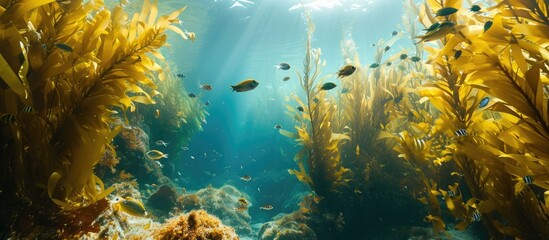 Fototapeta na wymiar Underwater kelp forest at California island reef housing marine creatures.