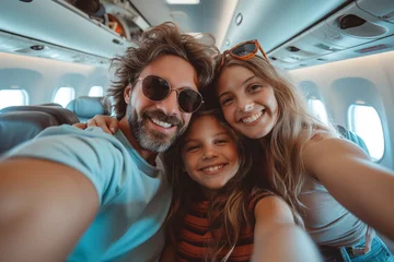 Fototapeten Happy cute couple taking a selfie photo with a smart mobile phone boarding a plane,Cheerful tourist inside the plane about to take off,Travel lifestyle concept © boyhey