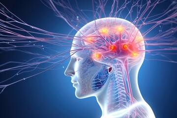 Obraz premium Red Brain cycles calming, restful REM sleep phase. Mindfulness, relaxation, guided meditation techniques aid in achieving transcendental sleep state. Mantras deep and blue restorative sleep experience