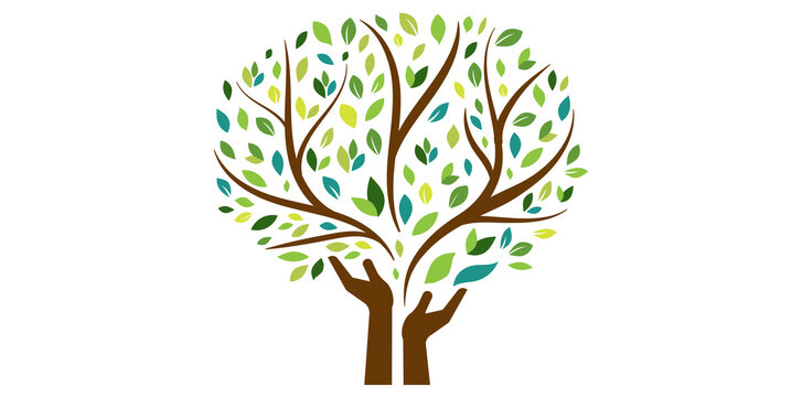 Human Hands Tree Logo Design Icon, Tree Logo Protect Environment Vector Illustration.