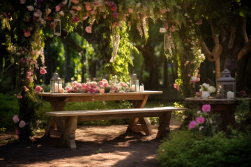 Obraz premium Romantic garden with floral decoration and banch