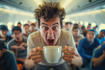 Man drinking coffee on airplane - obrazy, fototapety, plakaty