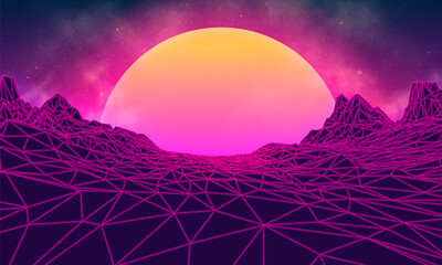 Fototapeta premium Futuristic landscape with mountains and sunset. 80s retro neon concept. Vector illustration.