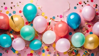 pastel pink table with colorful balloons and confetti for birthday top view flat lay style ai generated