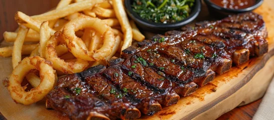  Grilled rib steak with fries and onion rings. © 2rogan