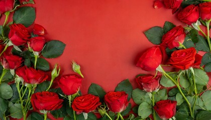 red roses flower on red background copy space flower frame top view high quality photo generative ai