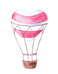 Watercolor heart-shaped balloon with basket. Hand drawn illustration for children's design in cartoon style. Vintage pink hot air plane isolated on white background for cards and invitations