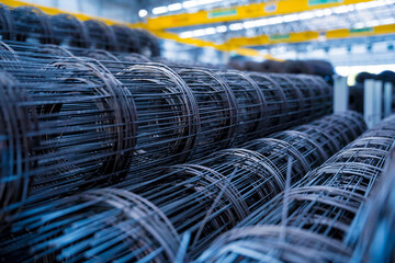 A rolls of wire mesh in the showroom of a large store.