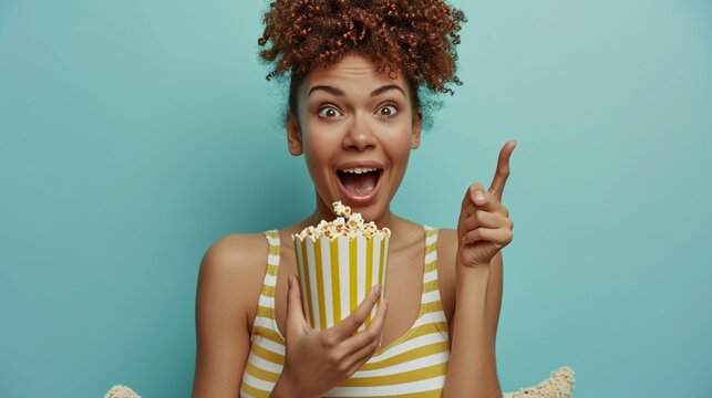 Full body young woman she wearing striped tank shirt casual clothes sit in bag chair eat popcorn point index finger aside on area isolated on plain pastel light blue cyan background studio portrait.