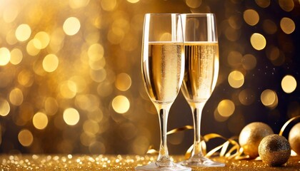 two champagne glasses on a blurred gold background