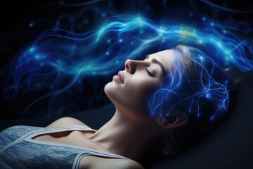 Brain sleep relaxation, mindful meditation brain waves. Affirmations and positive mindset promote brain health. Listening to brainwave patterns with headphones for better sleep and mental well being. - obrazy, fototapety, plakaty