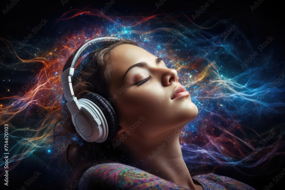 Poster Brain sleep relaxation, mindful meditation brain waves. Affirmations and positive mindset promote brain health. Listening to brainwave patterns with headphones for better sleep and mental well being.