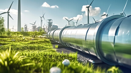  A hydrogen pipeline with wind turbines and in the background. Green hydrogen production concept - obrazy, fototapety, plakaty