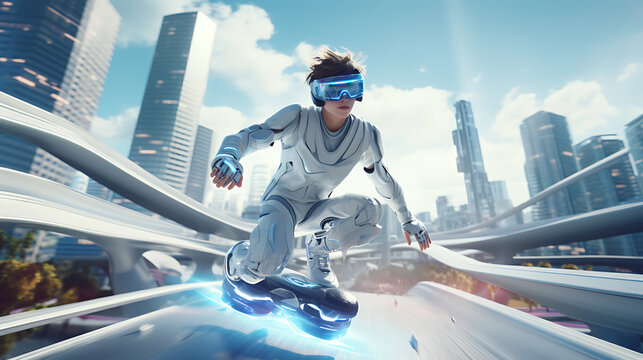 A Silver Hoverboard Racing Through A Futuristic City.