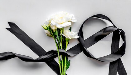 funeral symbols white flower near black ribbon on white background top view space for text