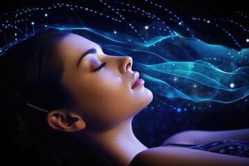 Brain sleep relaxation, mindful meditation brain waves. Affirmations and positive mindset promote brain health. Listening to brainwave patterns with headphones for better sleep and mental well being.