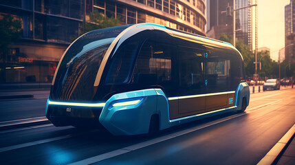 A sleek blue autonomous shuttle in a city transit race. - obrazy, fototapety, plakaty