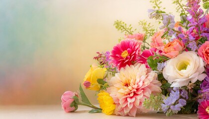 spring floral composition made of fresh colorful flowers on light pastel background festive flower concept with copy space