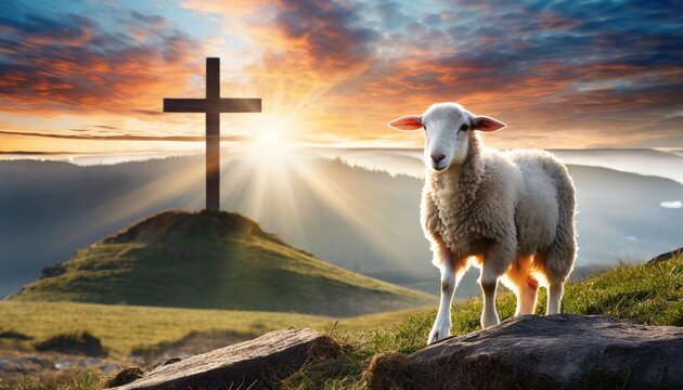 Resurrection Of Jesus Christ Concept God Lamb In Front Of The Cross Of Jesus Christ On Sunrise Background