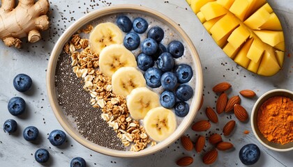 Superfood smoothie bowl with fruits, chia flax, bee pollen granola, and coconut flakes overhead view