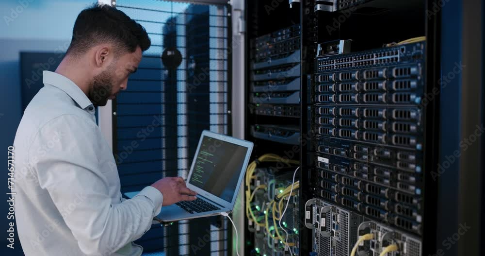 Poster Man, laptop and coding in server room with programming, cybersecurity and system update for information technology. Typing, programmer and cable in data center, network and tech support for software