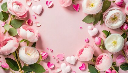 valentine s day background frame made of pink flowers hearts on pastel pink background valentines day concept flat lay top view copy space