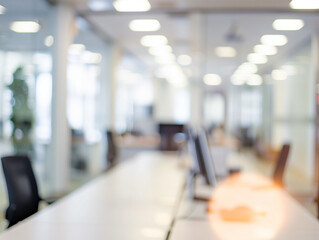 Fototapeta premium Blurred interior of a modern office with a conference table, chairs, and bright overhead lighting, creating a clean, professional atmosphere.
