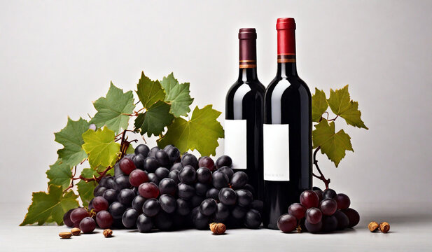 Bottle of red wine with ripe grapes and vine leaves on white background. Copy space