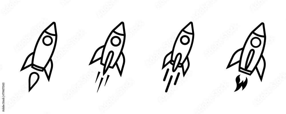 Wall mural set of line rocket vector icons. launch spaceship or spacecraft. rocket fast flying for space. vecto