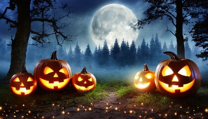 jack or lanterns glowing at moonlight in front of spooky forest