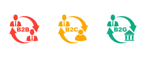 Set of B2B, B2C and B2G business vector icons. Business process. Marketing signs. 