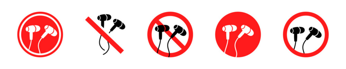 Set of no headphones vector icons. Ban or forbidden use earbuds. Red forbidden signs.  - obrazy, fototapety, plakaty