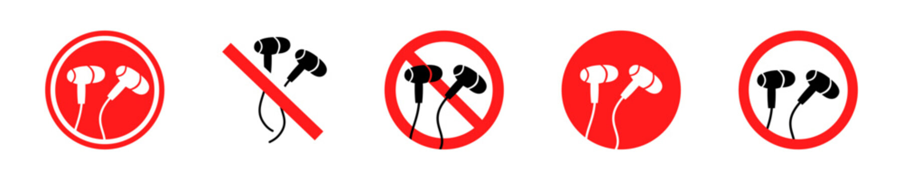 Set of no headphones vector icons. Ban or forbidden use earbuds. Red forbidden signs. 