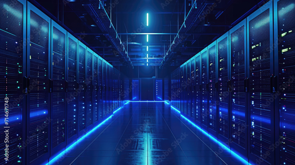 Poster data center with multiple rows of fully operational server racks. modern telecommunications, artific
