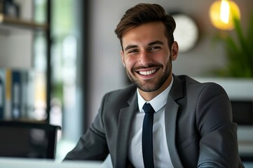 Fototapeta premium Portrait of young smiling businessman in office looking at camera.