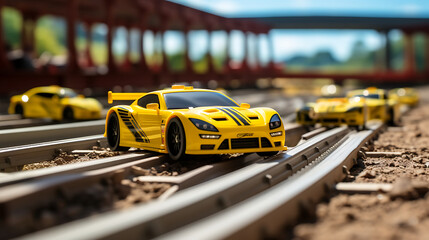 A yellow RC car racing on a track. - obrazy, fototapety, plakaty