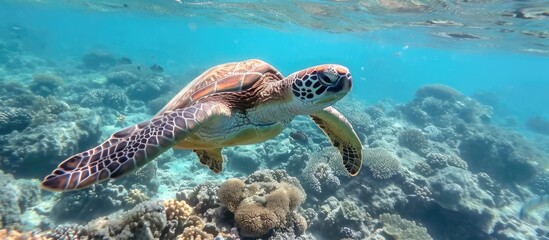Egypt's red sea hosts a small green sea turtle swimming.