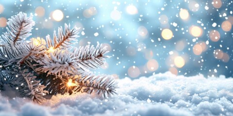 Fototapeta na wymiar christmas snow and fir tree, blurred snowy background