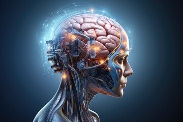 Obraz premium Cyborg Roboter woman, innovative electric brain chip. Smart 3D MRI and X-ray Axon scans anatomy intelligent mind. Neurology AI driven technology chips, neurons robotic artificial intelligence.