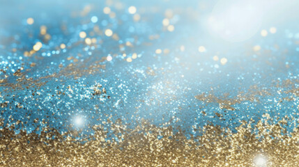 Festive gradient blue background with bright golden particles, round glowing flying confetti and bokeh. Illustration for greeting card, carnival, holiday, celebration. Copy space.