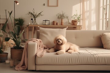 Cute puppy sitting on coffee table in apartment living room   creative banner with copyspace