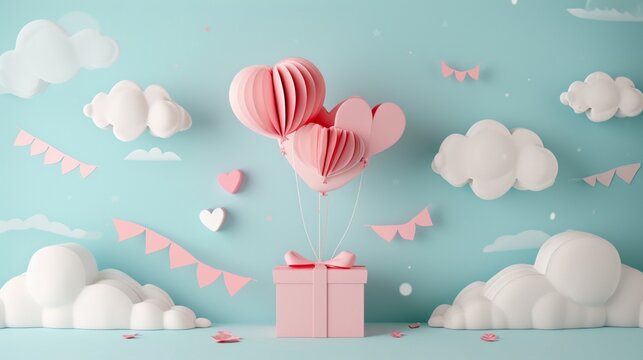 Gift box with heart balloon floating it the sky, Happy Valentine's Day banners, paper art style.