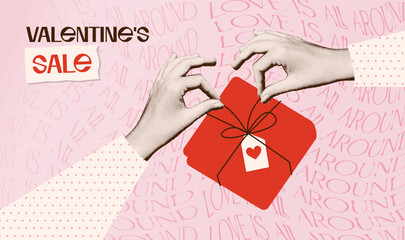 Vintage banner for Valentine's day sale. Halftone hands opening red gift box. Collage with cut out symbols of Valentine's day. Vector illustration with typography.