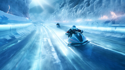 A blue bobsled race down a twisting ice track. - obrazy, fototapety, plakaty