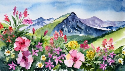 watercolor landscape with flowers on a background of mountains