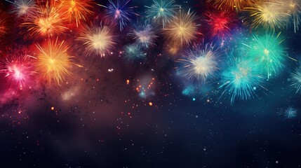 Big explosions of blue, yellow, red and pink fireworks on a black background.