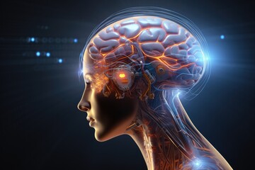 Cyborg Roboter woman, innovative electric brain chip. Smart 3D MRI and X-ray Axon scans anatomy intelligent mind. Neurology AI driven technology chips, neurons robotic artificial intelligence.