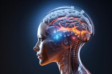 Obraz premium Cyborg Roboter woman, innovative electric brain chip. Smart 3D MRI and X-ray Axon scans anatomy intelligent mind. Neurology AI driven technology chips, neurons robotic artificial intelligence.