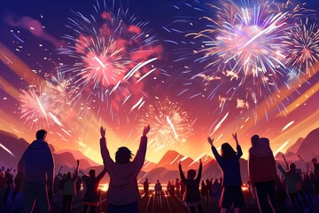 Crowds of people raised their hands at the festival. Silhouettes of people watching fireworks at night.